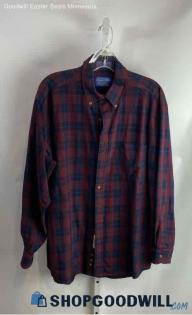 Pendleton Men's Maroon/Navy Plaid 100% Wool Long Sleeve Button Down - Sz L