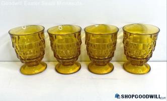 Set Of 4 Indiana Glass Amber Yellow Whitehall Cubist Pattern Tumblers