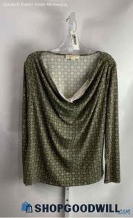 Michael Kors Women's Olive/Brown Geo Pattern Drape Neck Long Sleeve Top - Sz XL