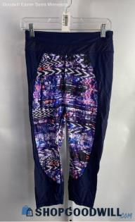 Athleta Women's Navy/Purple Patterned Side Vented Mesh Capri Leggings - Sz M