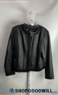 Chico's Women's Black Beaded Trim Zip Up Genuine Leather Jacket - Sz 12