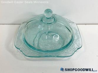 Aqua Blue Glass Opalescent Covered Butter Dish