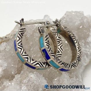 .925 Turquoise & Lapis Lazuli Inlaid Hoop Earrings 4.78g