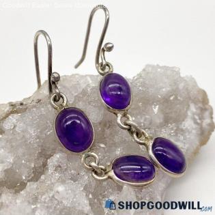 .925 Amethyst Cabochon Sterling Dangle Earrings 2.58g