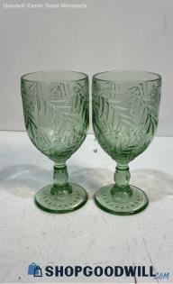 2pc Green Glass Fern Design Vintage Foot Pedestal Drink Goblets