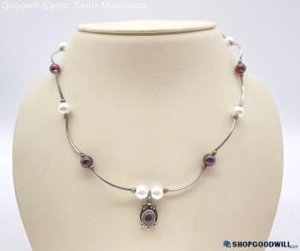 .925 Vintage Garnet & Cultured Pearl Necklace 8.20g