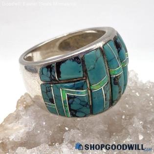 .925 Inlaid Turquoise & Opal Ring - Signed 10.57g