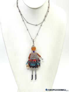 Signed CRS PARIS Mixed Media Doll Pendant Necklace