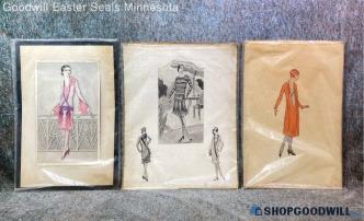 3 GM Ulmadom Signed 1920s Style Vtg 10"x15" 11"x14" Original Fashion Drawings