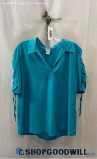 Chico's Women's Teal Cinch Tie Short Sleeve Collared V Neck Top - Sz 16/18