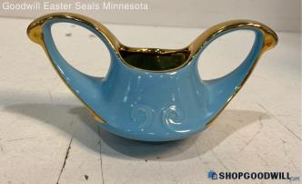 Light Blue Gold Tone 2 Handle Swirl Design Open Sugar Bowl Ceramic Dish Vase