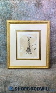 Moore Signed Vtg Eagle Angel Altar Lamp Embellished Print Matted & Framed Decor