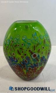 DS Floral Pattern Green Glass Vase 12" X 8 X 5"