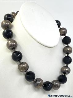 .925 Black + Silver Graduated Bead Necklace 120.84g