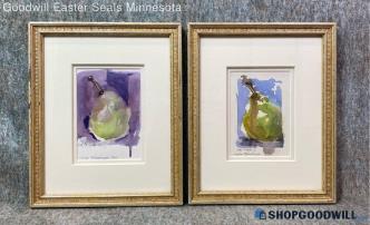 "Le Poire 1 & 2" Hutchinson Signed Original 10"x12" Paintings Watercolor Framed