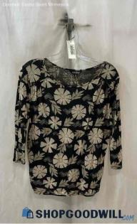 Lucky Brand Women's Black/Tan Floral Pattern Slim Fit 3/4 Sleeve Top - Sz M