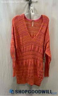 NWT Free People Women's Pink/Orange Loose Knit V Neck Tunic Sweater - Sz M