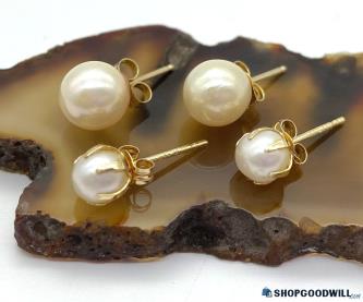 14K Yellow Gold Cultured Pearl Stud Earrings (2 Pairs) 1.74 grams