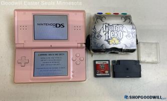 Nintendo DS Lite Pink Handheld Console w/Guitar Hero Adapter & Game - Tested