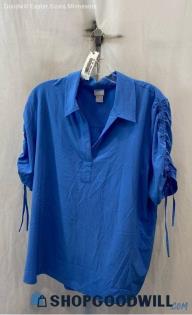 Chico's Women's Powder Blue Cinch Tie Short Sleeve Collared V Neck Top Sz 16/18