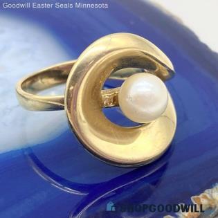 14K Yellow Gold Cultured Pearl Abstract Textured Ring Size 7 1/2 - 5.24g