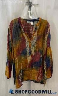 Chico's Women's Rainbow Patterned Rhinestone 3/4 Button Sheer Blouse - Sz 3