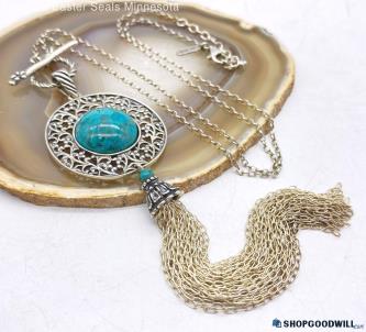 .925 Filigree Openwork Turquoise Tassel Necklace 27.28g