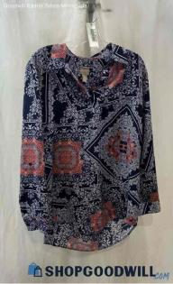 Chioc's Women's Navy/Pink Mandala Pattern Collared V Neck Top - Sz L