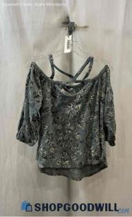 NWT Lucky Brand Women's Gray Floral Strappy Cold Shoulder Top - Sz S