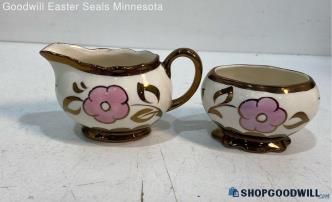 2pc Creamer Sugar Bowl Copper Lusterware Pink Flowers Sandland Ware England