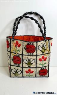 Vintage Needlepoint Lady Bug Bee & Flower Pattern Small Tote Bag Purse