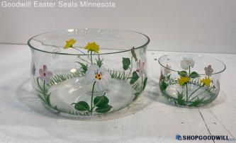 2pc Hand Painted Flower Art Glass Servings Bowls Candy Dish