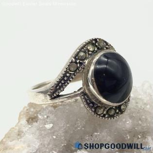 .925 Inlaid Black Onyx & Marcasite Ring Size 7 1/4 - 4.10g