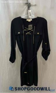 NWT Michael Kors Women's Black/Gold Chain Lace Up V Neck Shirt Dress - Sz PL