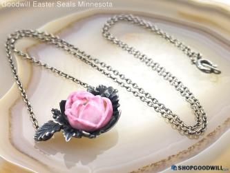 .95 Signed Oxidized Pink Ceramic Flower Necklace 4.35g