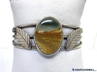 .925 Oval Jasper + Leaves Cuff Bracelet 34.74g