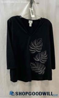 Chico's Weekenders Black/Silver Leaf Embroidered V Neck Top - Sz 2