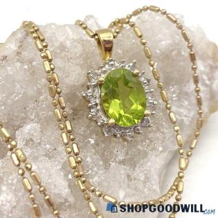 10K Yellow Gold Peridot with Diamond Accent Halo Necklace 3.00g