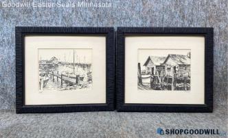 2 K Krautz Signed Fishing Sail Boat Dock Harbor Alleged Original Drawings Framed