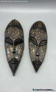 2pc Unbranded Art Decorative Hand Carved Wood & Metal African Wall Hanging Mask