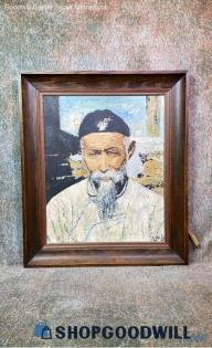 HB Signed Portrait Of An Asian Man w/Hat & Beard Original Painting Framed Decor