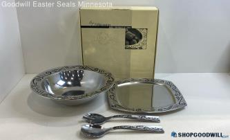 Lenox 4pc Salad Set Metal Serveware - Plate Bowl Spoon Fork IOB