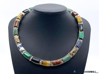 .925 Vintage Chunky Multi-Stone & Onyx Reversible Choker Necklace 47.08g