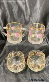 Vintage Pink & Gold Sugar Glass Bowl+2 Pitchers+2 Cups