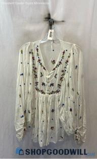 Free People Women's White/Blue Embroidered Flowers Sheer Blouse - Sz XS