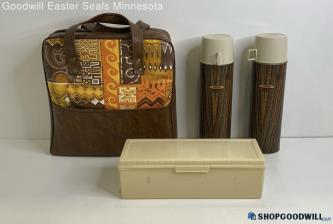 3PC Vintage Thermos Retro Picnic Set W/ Leather Carry Bag