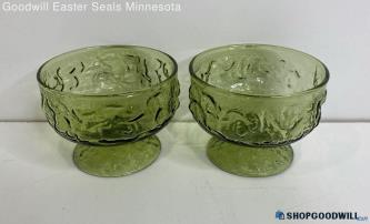 2CP Anchor Hocking Milano Green Crinkle Glass Sherbet Glass Dessert Cups