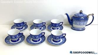 13PC Bombay China Arabesque Tile Pattern Blue White Tea Cups, Saucers & Tea Pot