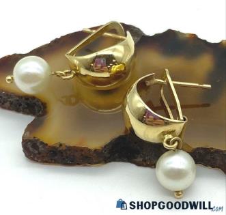 14K Yellow Gold Cultured Pearl Drop Earrings 2.46 grams