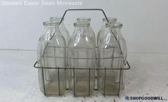 7pc Grand Rapids 1-Quart Glass Bottles w/Metal Wire Holder